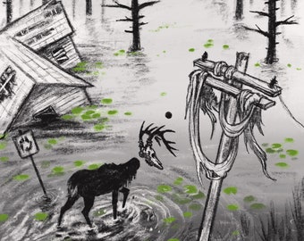 Puede incluir: Una ilustración en blanco y negro de una escena de pantano con una calavera de ciervo, un alce, una cruz de madera con tela colgando de ella y una pequeña casa en el fondo.