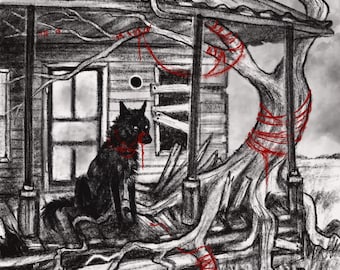 Può includere: Un'illustrazione digitale in bianco e nero raffigura un lupo nero con dettagli rossi, posizionato vicino a una struttura fatiscente e a un albero legato con spago rosso. L'opera d'arte utilizza la trama e il contrasto per creare un'atmosfera inquietante.