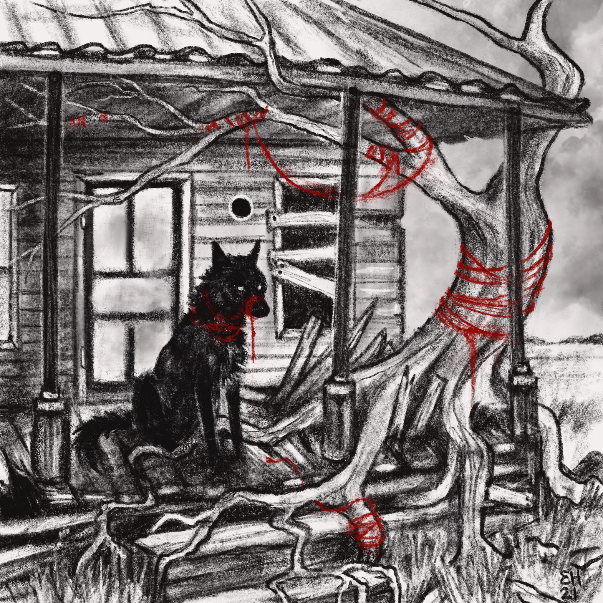 Ties That Bind 8x8 Fine Art Print Dark Wolf Dog Creepy Cabin Trees