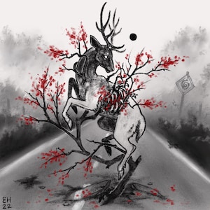 May include: A black and white illustration of a deer with antlers standing on a tree branch with red blossoms. The deer is standing on a road with a black circle in the background.