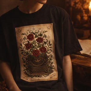 Poetcore Garment-Dyed T-shirt, Vintage Roses Typewriter Print Tee image 1