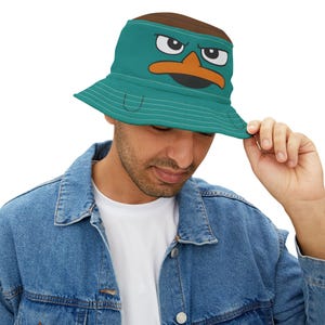 Phineas And Ferb Agent P Funny AOP Bucket Hat, Cartoon Summer Beach Hat, Inspired Fan Art Perry the Platypus, Custom Design Cute Caps