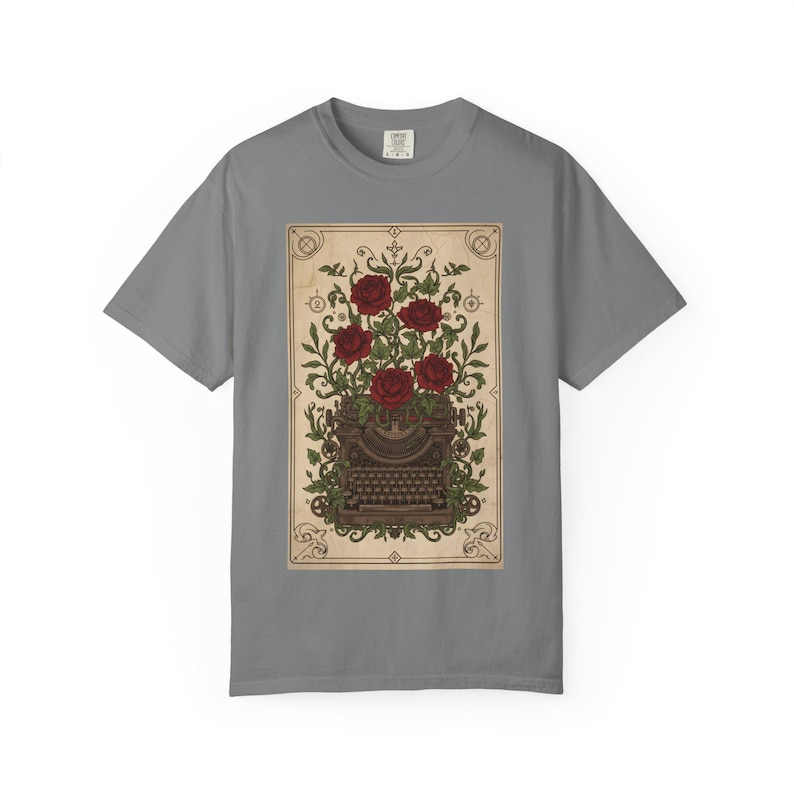 Poetcore Garment-Dyed T-shirt, Vintage Roses Typewriter Print Tee image 5