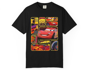 Lightning McQueen Black Tee Unisex Garment-Dyed T-shirt, Custom Design Cars Birthday Shirt