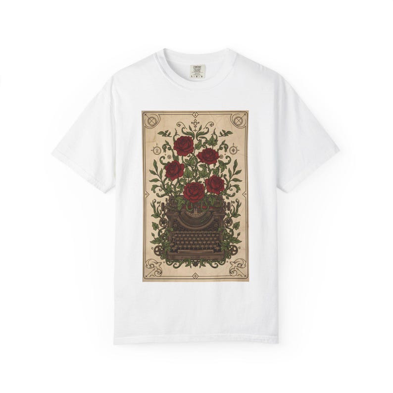 Poetcore Garment-Dyed T-shirt, Vintage Roses Typewriter Print Tee image 2
