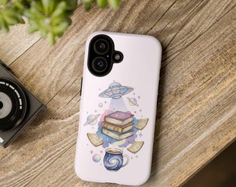 Cosmic Booktok Retro UFO Alien Core Phone Case, Bookworm Space Reading Tough Case
