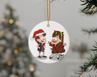 Ozdoba świąteczna Gravity Falls, ceramiczna dekoracja dla bliźniąt Mabel i Dipper