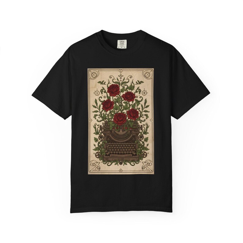 Poetcore Garment-Dyed T-shirt, Vintage Roses Typewriter Print Tee image 12