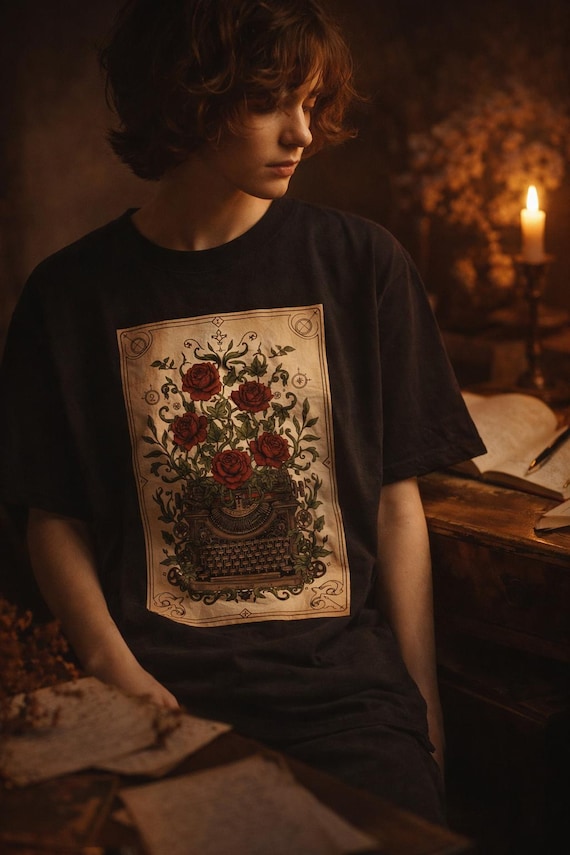 Poetcore Garment-Dyed T-shirt, Vintage Roses Typewriter Print Tee