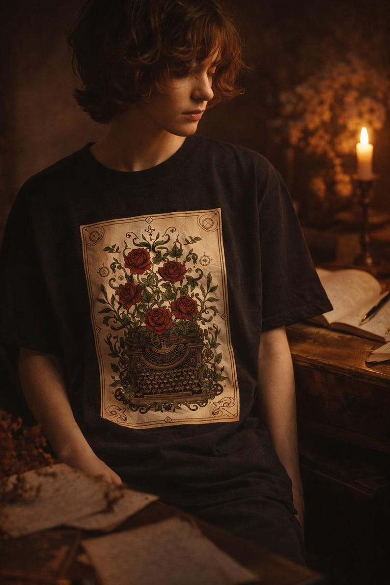 Poetcore Garment-Dyed T-shirt, Vintage Roses Typewriter Print Tee image 1