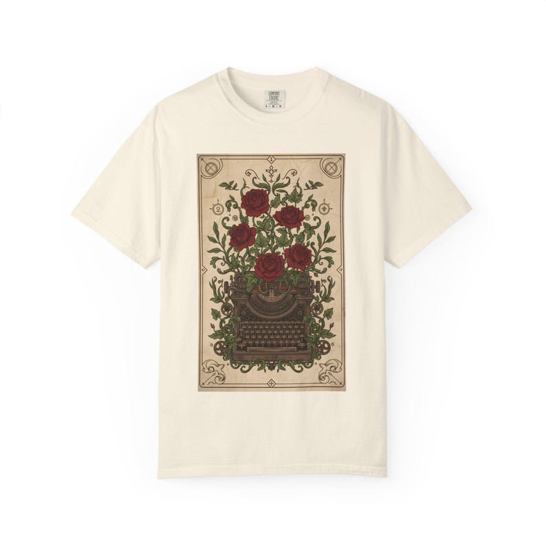 Poetcore Garment-Dyed T-shirt, Vintage Roses Typewriter Print Tee image 3