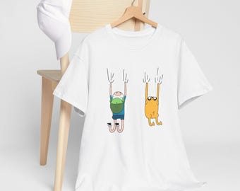 Finn and Jake Hanging on Your Shirt, Custom Funny Cartoon Unisex Heavy Cotton Tee