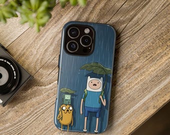 Custodia per telefono Finn, Jake e BMO sotto la pioggia, custodie resistenti di Adventure Time