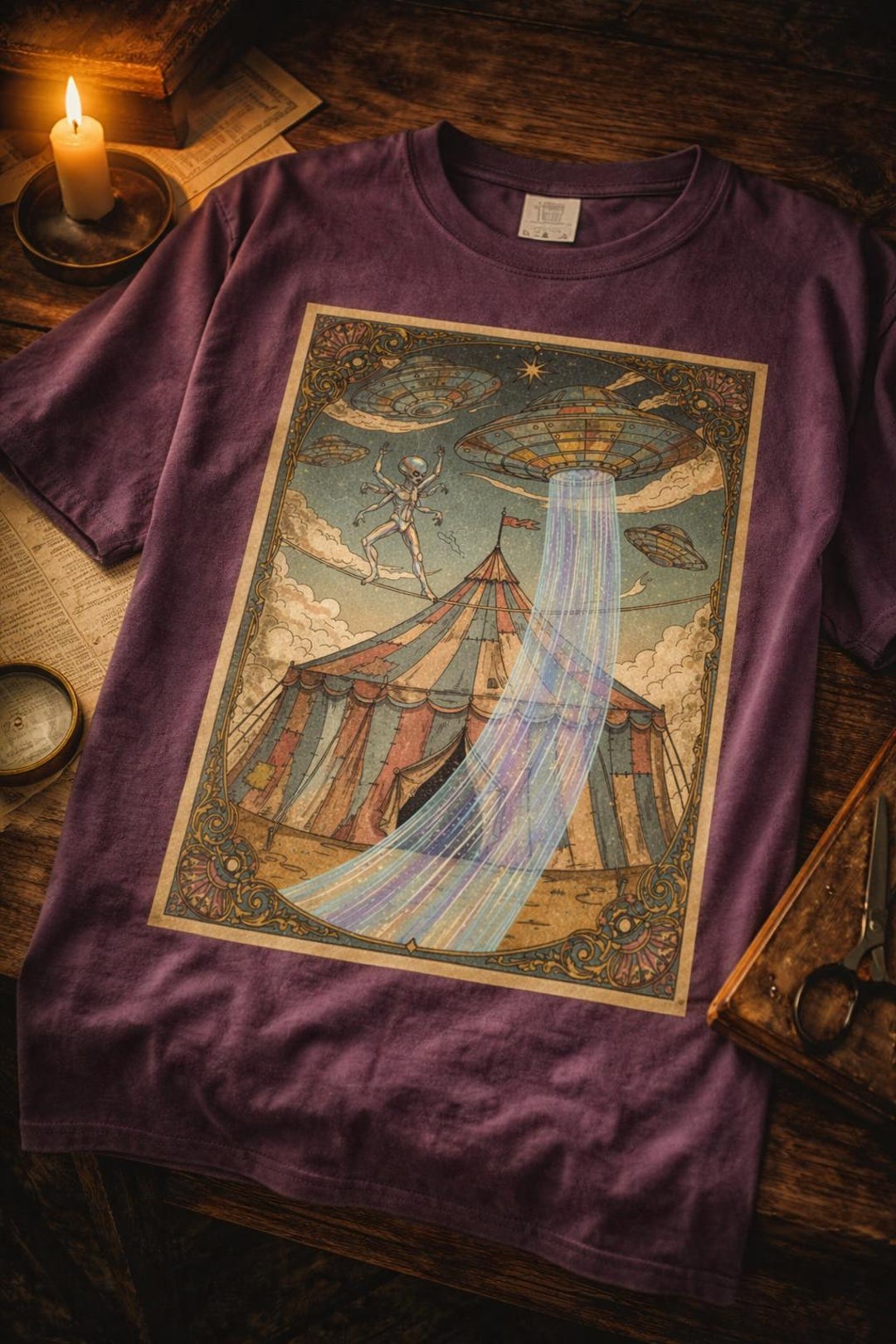Retro Alien Ringmaster Garment-dyed T-shirt, Cosmic Circus Poster Shirt ...
