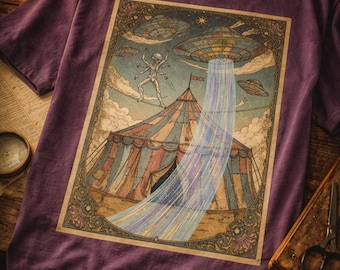 Retro Alien Ringmaster Garment-Dyed T-shirt, Cosmic Circus Poster Shirt, 1920s Vintage Retro Sci-Fi Freakshow