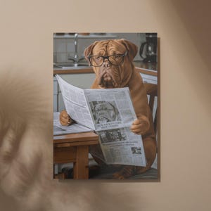 Dogue De Bordeaux French Mastiff Funny Glasses Reading Newspaper Digital Artwork Dog Pet Home Poster Dog Lover Art Gift Download Printable