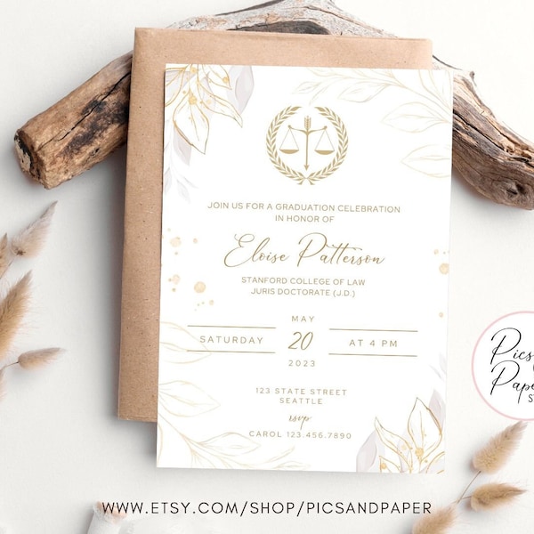 Law School Graduation Party Invitation Simple Gold and White Editable template Scale of Justice Lawyer graduation Ceremony Edit on Canva