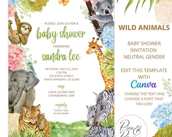 Wild Animals Baby Shower Invitation You can Edit and Print With Watercolor Animals Great Neutral Gender Baby Shower Sloth, Zebra, Giraffe