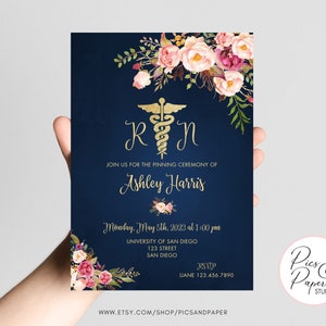 Nursing School Graduation Announcement, Pinning Ceremony, Navy and Gold With Flowers- Editable template, Add your own text and Print Them