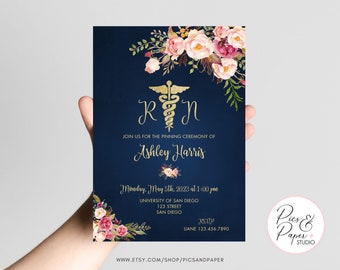 Nursing School Graduation Announcement, Pinning Ceremony, Navy and Gold With Flowers- Editable template, Add your own text and Print Them