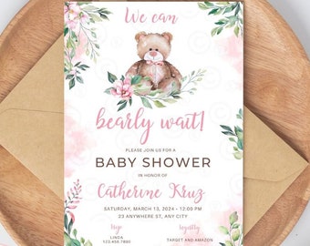 Teddy Bear Baby Shower Invitation for Girl Pink Teddy Bear, Bearly Wait, Digital Invitation Template Editable Text Teddy Bear Theme