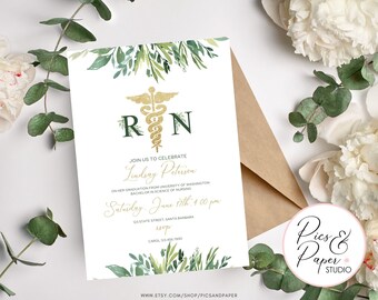 Greenery Nursing Pinning Ceremony Invitation: RN Graduation (Editable Template)