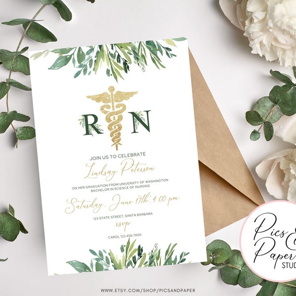 Nursing Pinning Ceremony Invitation Graduation Ceremony Greenery Graduation Party Invitation Nursing School RN, editable template