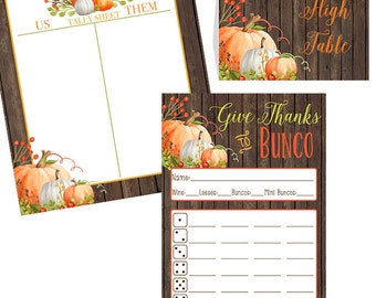 Thanksgiving Bunco Score Card with Watercolor Pumpkins and Greenery- Tally Sheet- Table Markers-Rustic Charm Old Barn Wood Background