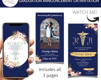 May include: Animated nursing graduation announcement or invitation template. The design includes three pages: a phone screen with text, a photo card, and an invitation card. The color scheme is navy blue and gold with floral accents.