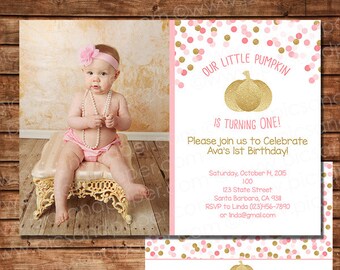 Little Pumpkin is Turning One First Birthday Invitation - Gold and Pink with Confetti and Pumpkin- One Year Old Birthday