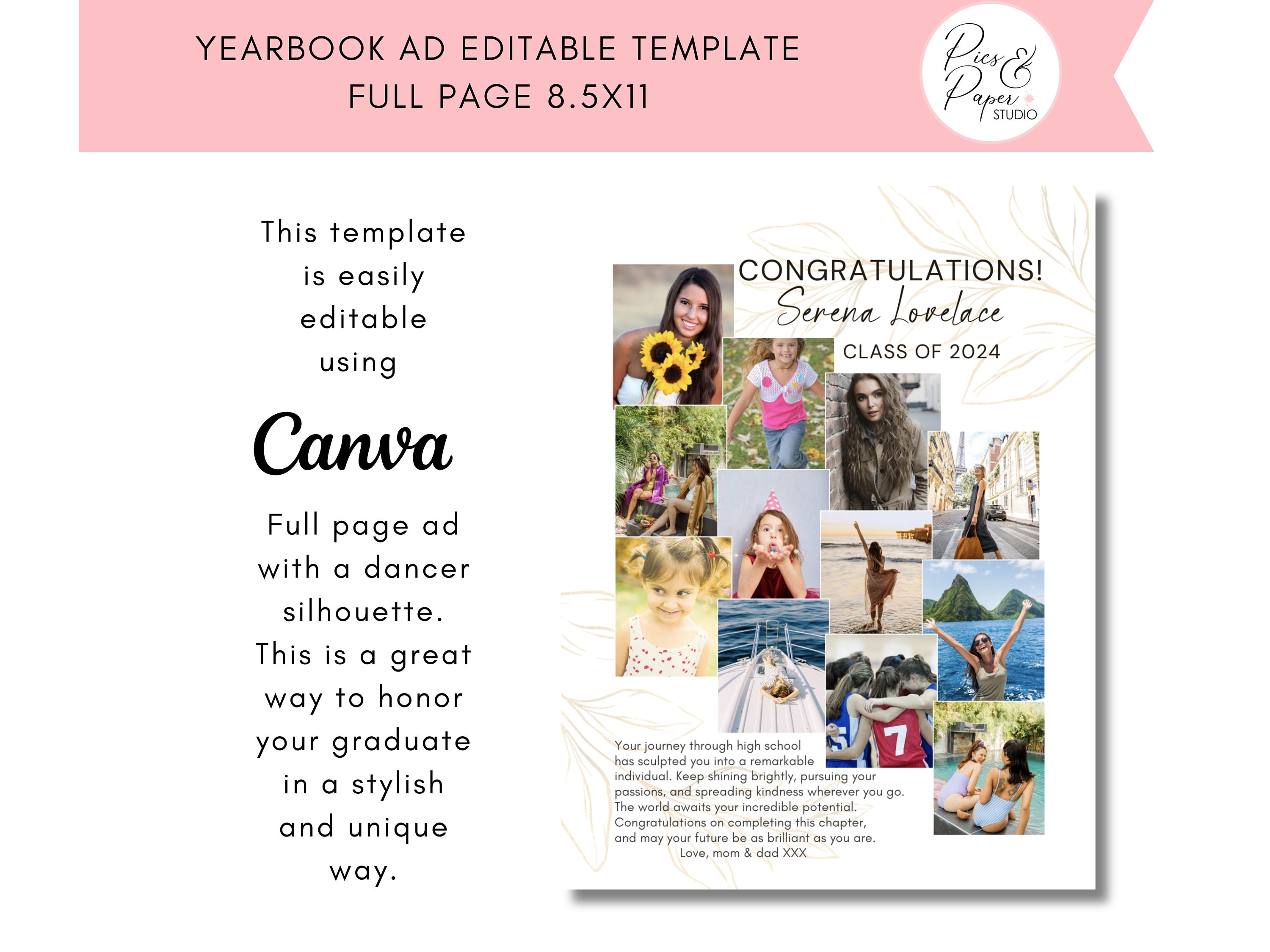 YEARBOOK AD Template, Full Page, Simple Collage of 12 Photos, Senior Graduate 2024 8.5x11 inch High School Grad, Organic, simple design