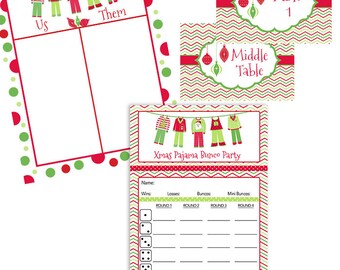 Pijama de Natal Bunco Party Score Card Pijama de Natal fofo, enfeites de Natal - Marcadores de mesa - Números de mesa - Folha de registro - Download instantâneo