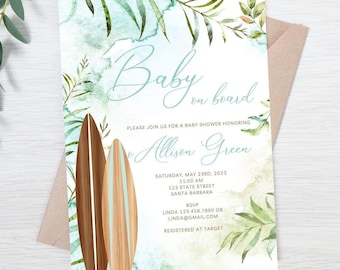 Surf Theme Baby Shower Invitation Tropical Theme EDITABLE template, Baby Shower Invitation Hawaiian Theme Luau Instant Download Boy or Girl