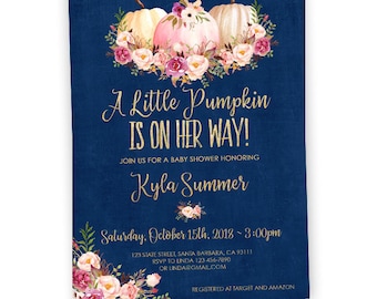 Little Pumpkin on her way- Pink Pumpkin with Watercolor Flowers on Navy Blue with Gold Accents- Fall Baby Shower Invitation for Girl