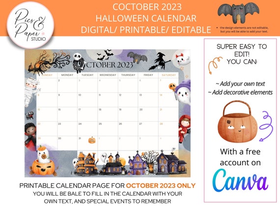 Calendar October 2023 Printable Monthly Editable Halloween Theme Calendar Page / Kids Students October Planner Page Spooky Halloween - Etsy