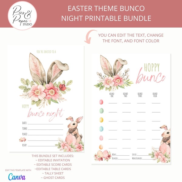 Easter Bunco Score Cards, Tally Sheet, Hoppy Bunco Night Printable Bundle, Bunco Invitation, Table Cards, Ghost Card, Easter Theme Bunco