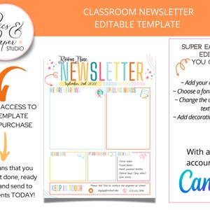 Classroom Newsletter Editable Template with Colorful Lettering Simple and clean Add your own text, Download and Print or Send via emails image 1