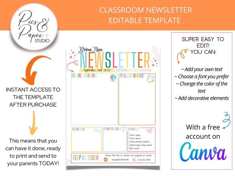 Classroom Newsletter Editable Template with Colorful Lettering Simple and clean Add your own text, Download and Print or Send via emails image 1