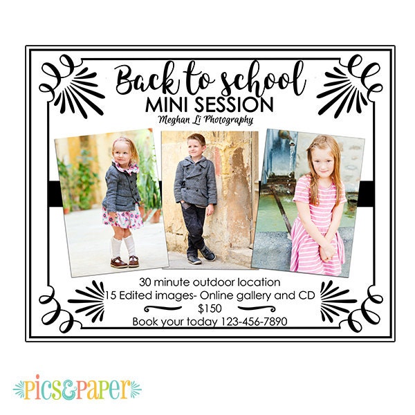 Back to School Mini Session Template -Simple Black and White Layout Photo Session Announcement- Photography Marketing Board PSD Template