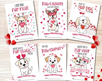 Printable Puppy Valentine’s Day Cards for Kids - Cute Dog Classroom Valentines - Instant Download DIY Cards