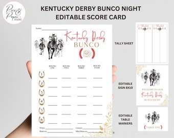 KENTUCKY DERBY Bunco Game Printable Bundle Includes Editable Score Card, Sign and Table Markers, non-editable Tally Sheet Horse Race Theme