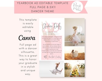 YEARBOOK AD Template, Full Page, Dancer Theme Editable Layout, Senior Graduate 2024 8.5x11 inch High School Grad, Dancer, Ballet Theme