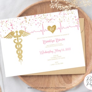 Nursing Graduation Invitation, RN in Pink and Gold, Personalized with your info- DIGITAL Editable Template