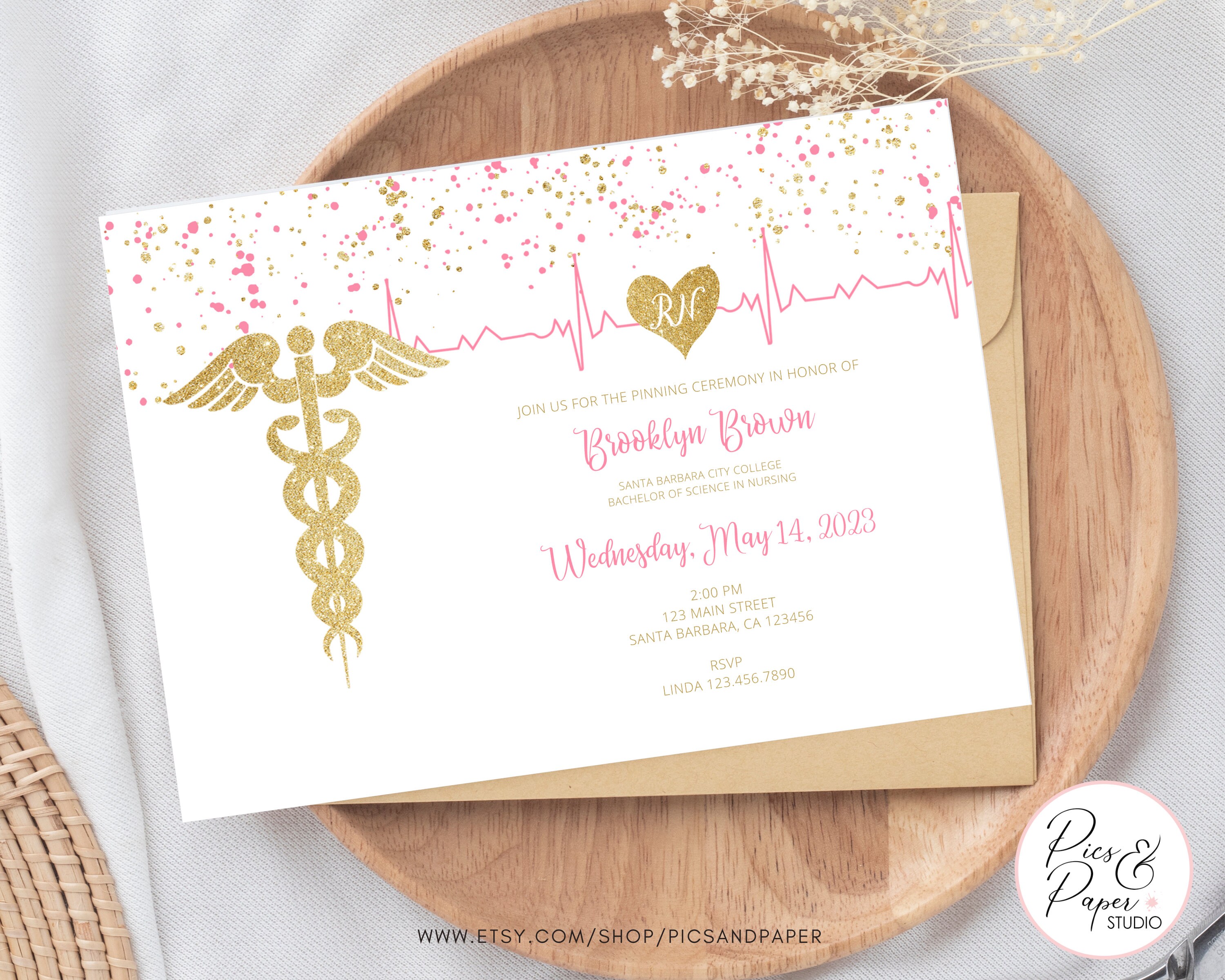 Nursing Graduation Invitation RN in Pink and Gold Etsy UK