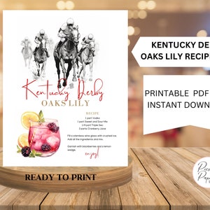 Oaks Lily Cocktail Recipe| Oaks Lily Kentucky Derby Theme Bar Sign| Printable Sign 8x10 Horse racing Party| Kentucky Derby Cocktail Sign