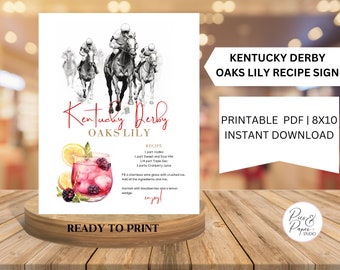 Oaks Lily Cocktail Recipe| Oaks Lily Kentucky Derby Theme Bar Sign| Printable Sign 8x10 Horse racing Party| Kentucky Derby Cocktail Sign