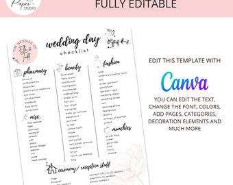 Wedding Day Checklist Editable Template Wedding Packing List Day of the Wedding Items to Pack