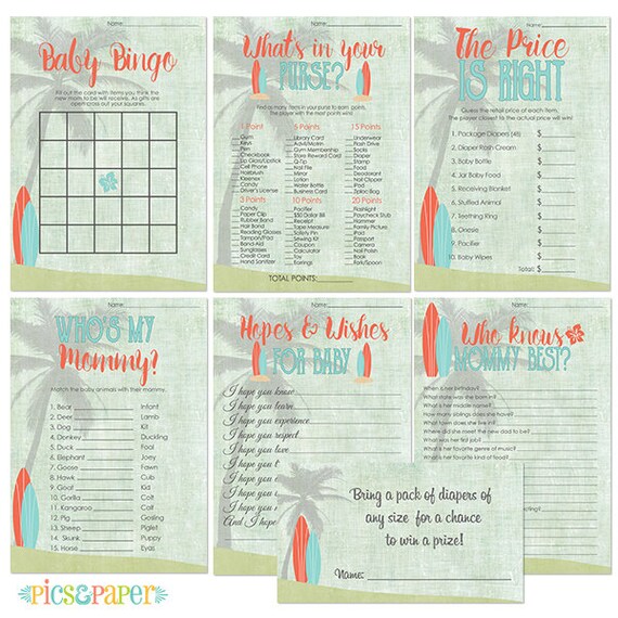 Surf Theme Baby Shower Games In Aqua And Orange Printable Baby Etsy