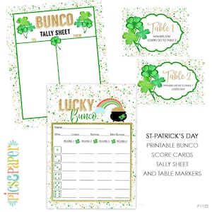 Cartão de pontuação Bunco do Dia de São Patrício verde e dourado com trevos, folha de contagem de ouro em pote, marcadores de mesa, conjunto de jogo noturno Bunco para download digital