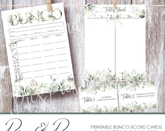 Bunco Night Printable Game Cards with Beautiful Greenery and a touch of gold- Instant Download